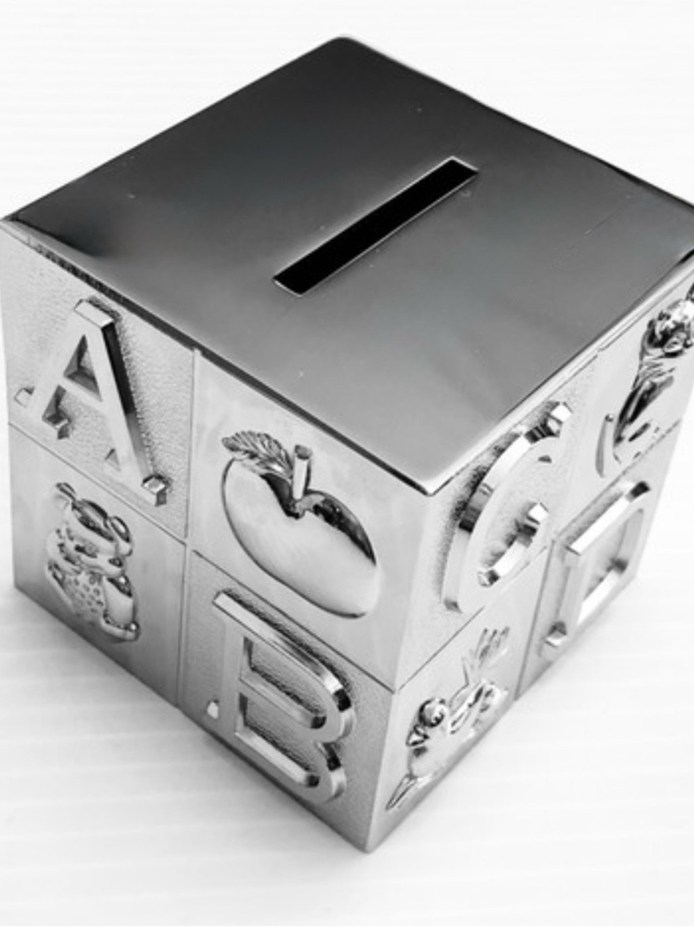 Taunton new w/o box non-tarnish silver vintage Alphabet Block bank- engravable